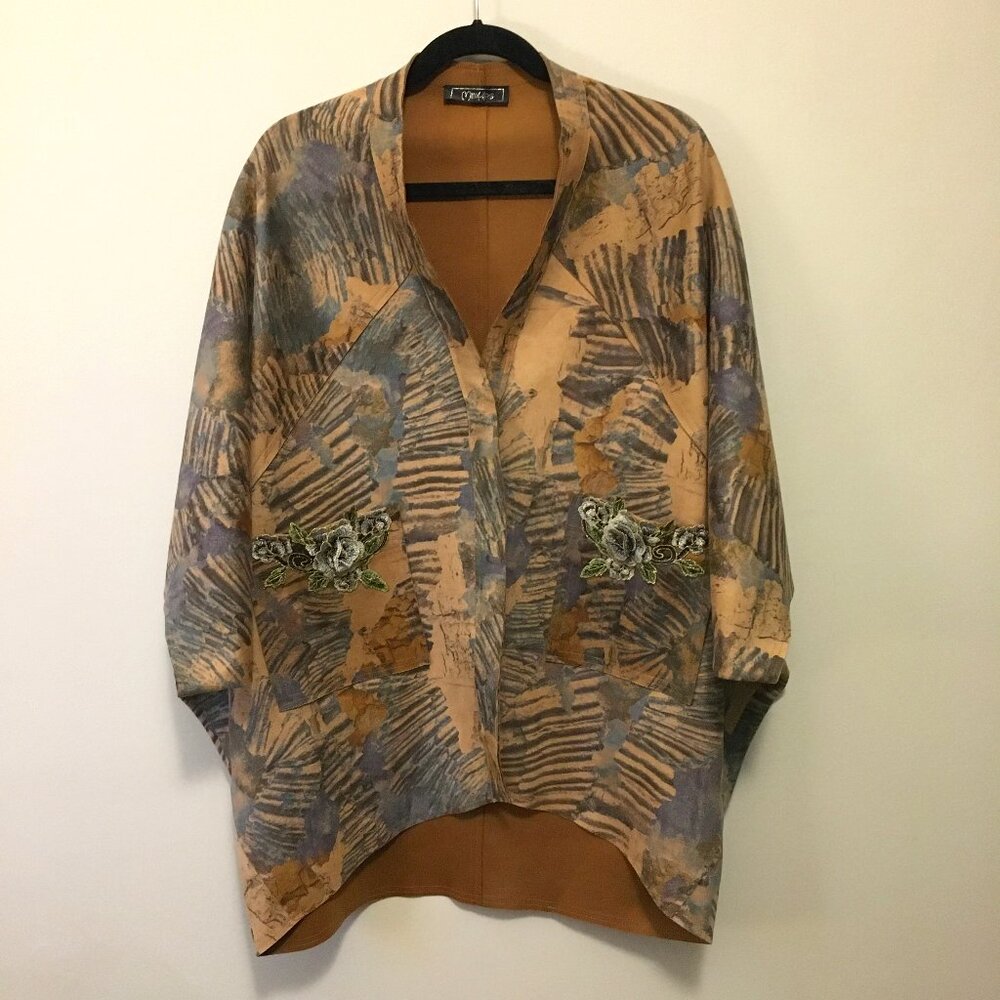 Minkas Faux Suede Floral Embroidered Boho Cape Jacket